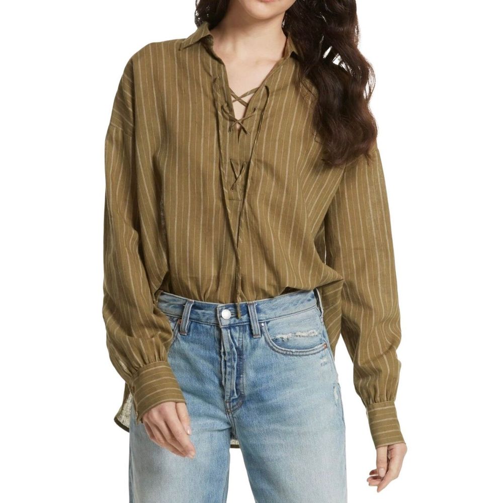 FREE PEOPLE women's Linen Blend long striped green Lace-Up Top blouse. Oversized